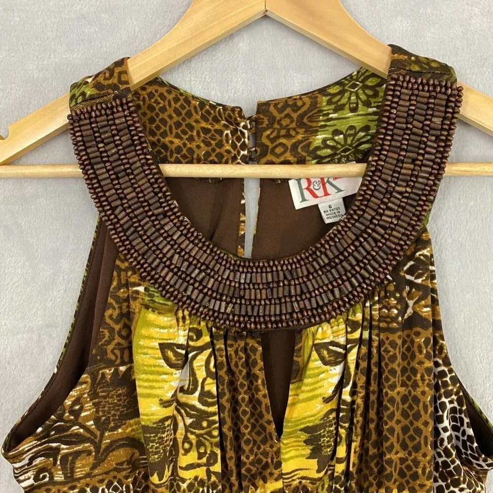R&K Originals Beaded Tribal Halter Dress Womens 6 Brown Tropical Floral‎ NWT NEW